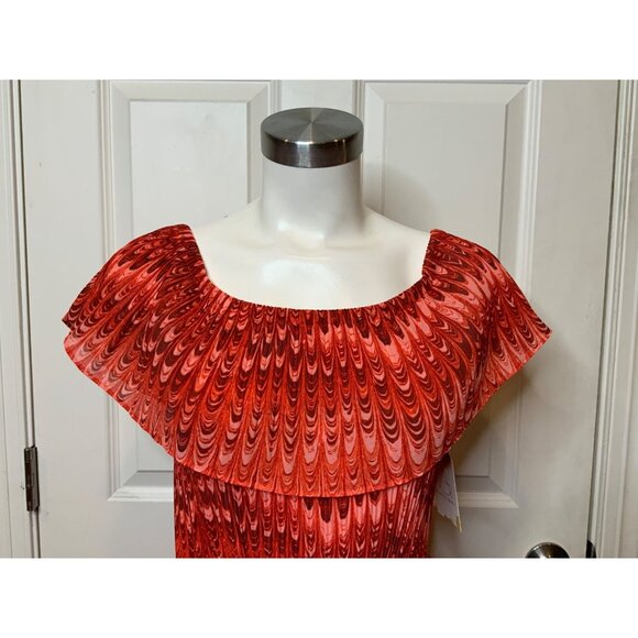 Michael Kors Red Marble Patterned Pleated Off-Shoulder Belted Dress, Size M NWT! - Picture 2 of 8